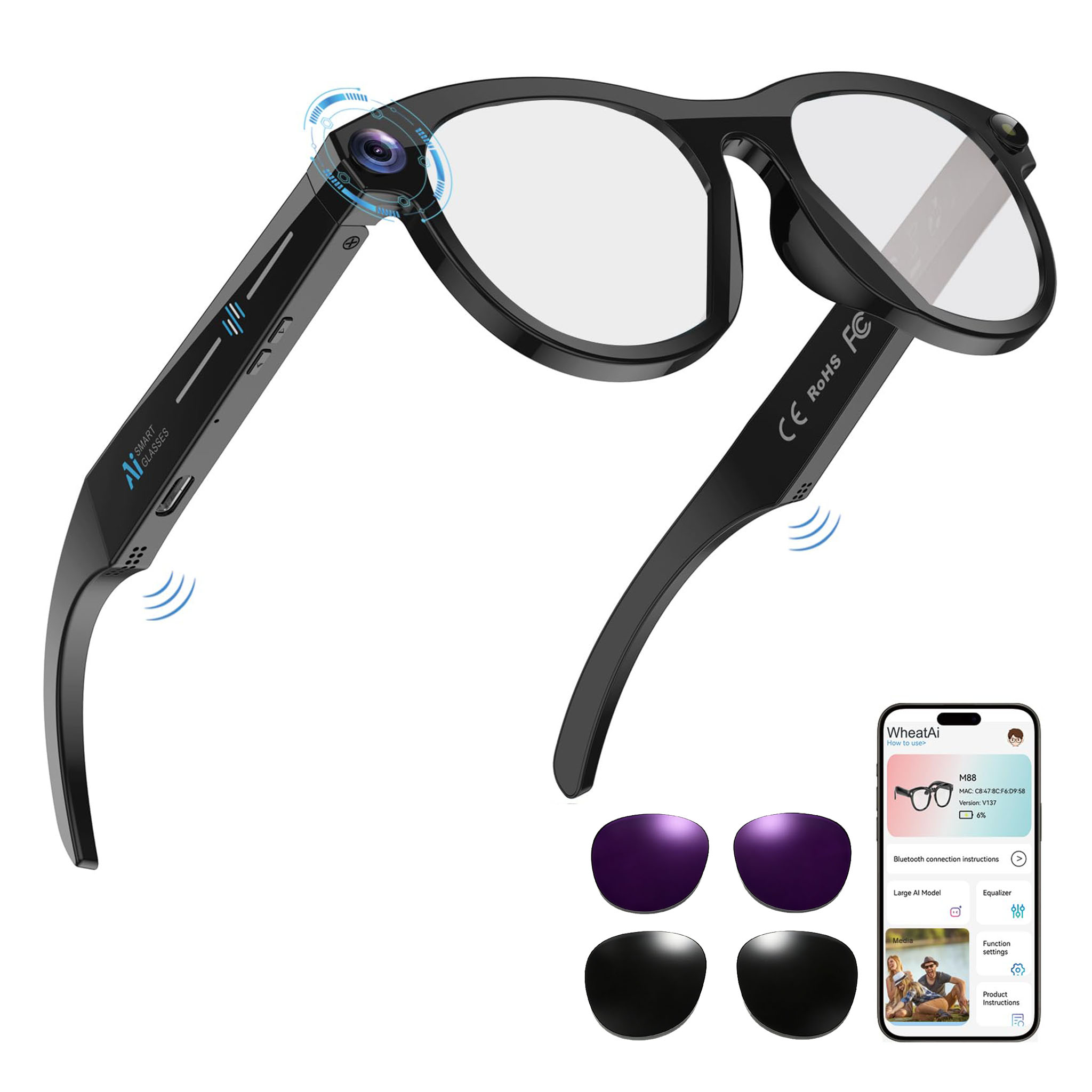 Black Smart Ai Glasses for Men - Audio Music To Video avaliação e preço